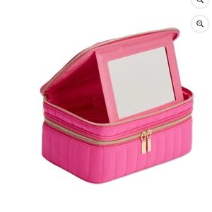 NEW Hot Pink Cosmetic Case With Mirror Brush Storage Train Case
